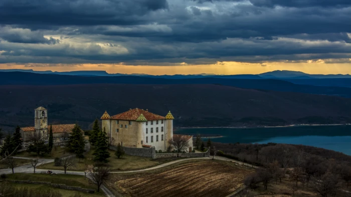 Chateau Aiguines wallpaper France mountains sunset 2k 4k 5k