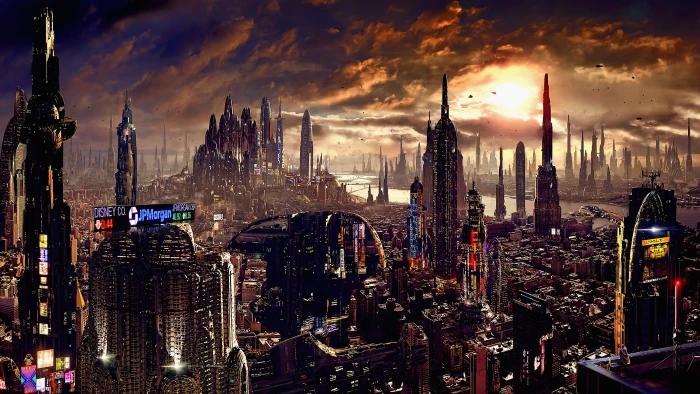 city buildings illustration artwork futuristic science fiction 2k 4k