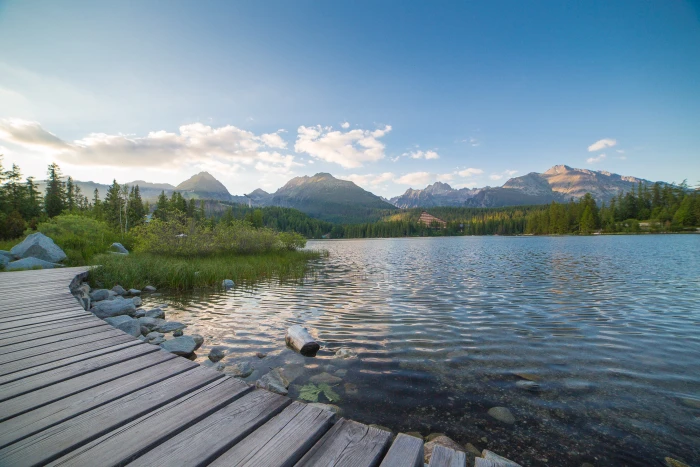 Evening Lake Side in High Tatras Mountains clouds europe forest 2k 4k