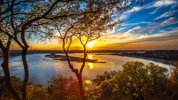 green leafed tree landscape nature river sun rays trees 2k 4k