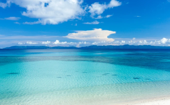 Island Beach Panoramic View blue sea under cumulus clouds Travel 2k 4k 5k