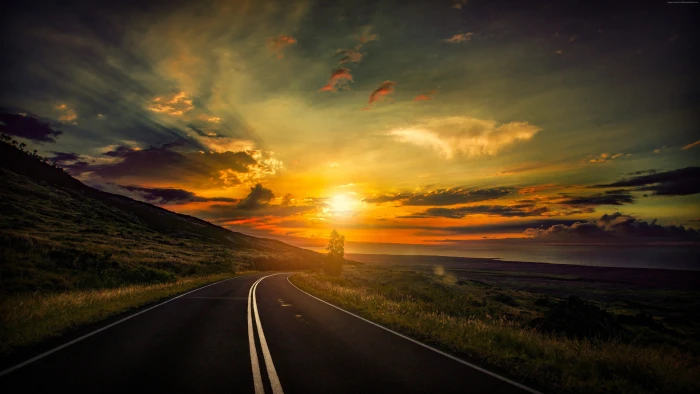 road clouds sunset 2k 4k 5k