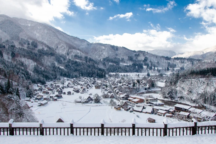 shirakawa go thatched roof winter snow japan gassho landscape 2k 4k