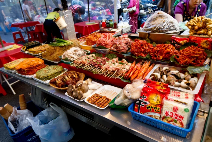 assorted street food lot on stainless steel table namdaemun market 2k 4k 5k