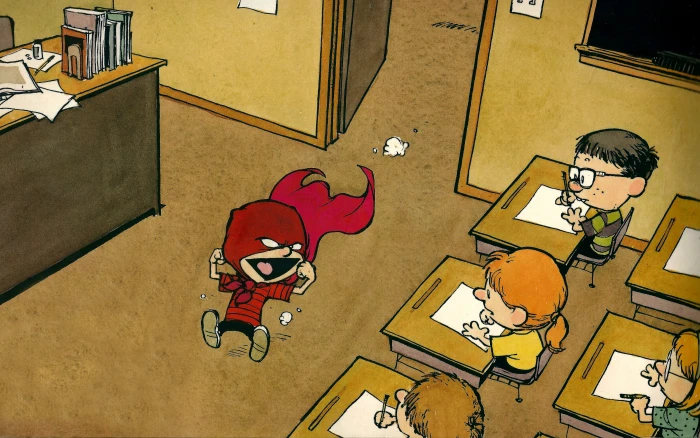 boy in red cape inside classroom cartoon show Calvin and Hobbes 2k 4k