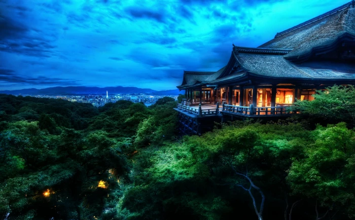 Kyoto Japan At Night gray house on top of mountain wallpaper 2k 4k 5k