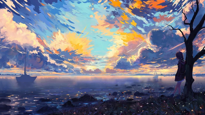 nature coast clouds anime girls landscape DeviantArt trees 2k 4k 5k