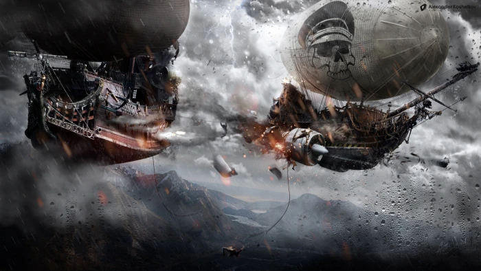 two brown and black airships digital wallpaper artwork fantasy art 2k 4k 5k