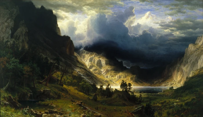 albert bierstadt nature landscape mountains fantasy art painting a storm in the rocky 2k 4k 5k