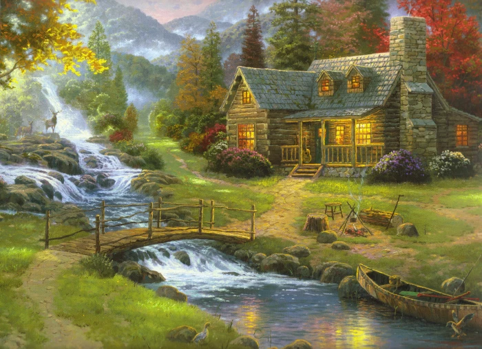 houses next tor river and trees painting forest nature fog 2k 4k