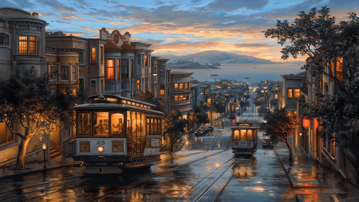 City Tram evening beautiful light 2k 4k
