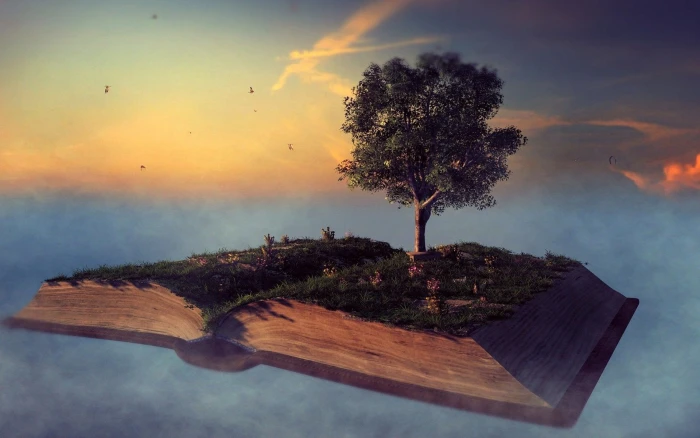 Landscape over book fantasy illustration digital art 2k