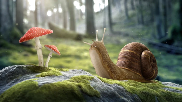 brown snail and red mushroom illustration 2k