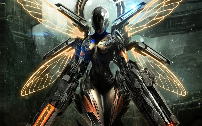robotic insect holding guns digital wallpaper untitled futuristic 2k