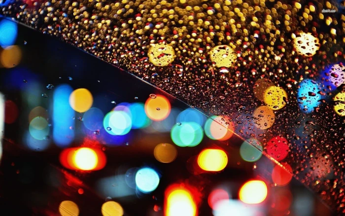 assorted color bokeh lights rain water drops on glass 2k