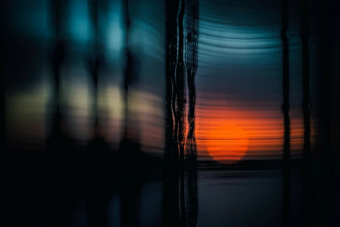 blue and red bokeh effect light night blind curtain sunset 2k