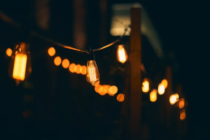 bulb string lights lamp filament yellow warm bokeh darkness 2k 4k 5k 8k