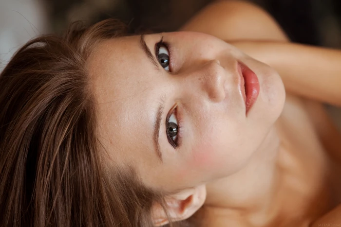 Emma Sweet teen model face women pink lipstick top view 2k 4k 5k