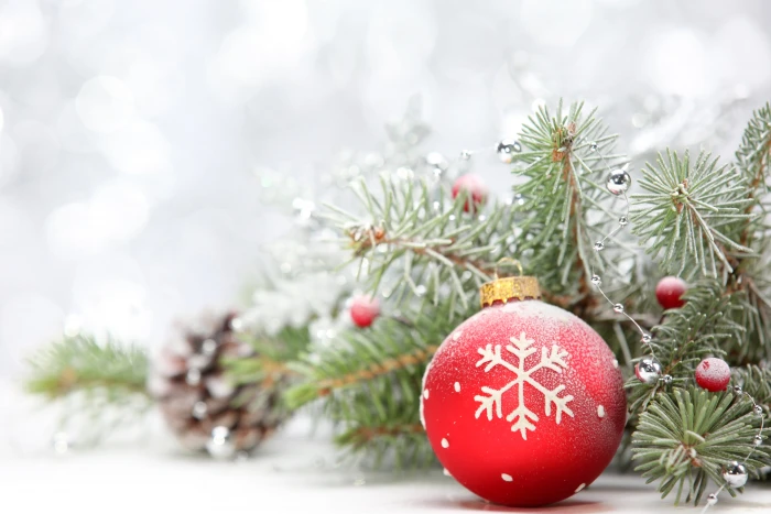 red and white Christmas bauble frost branches glare holiday 2k 4k