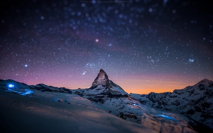 snow covered mountain mountains sky stars night winter lights 2k