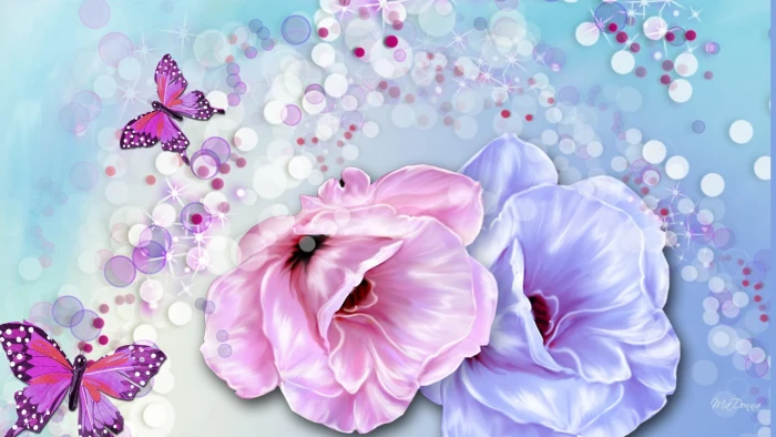 Summer Song two purple butterflies; pink and blue roses poppies 2k