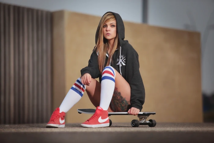Women Blonde Sitting Tattoo Skateboard Keshia Hamlani Bokeh 2k