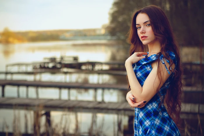 women brunette outdoors dress blue eyes long hair 2k