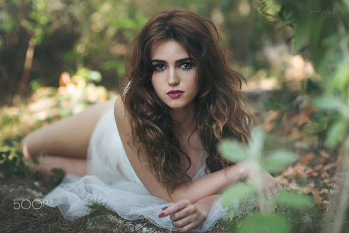 women brunette outdoors long hair brown eyes white dress 2k