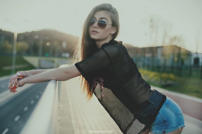 Women Long Hair Jean Shorts Sunglasses Road Bokeh 2k