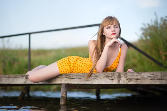 women model outdoors barefoot water dress yellow 2k