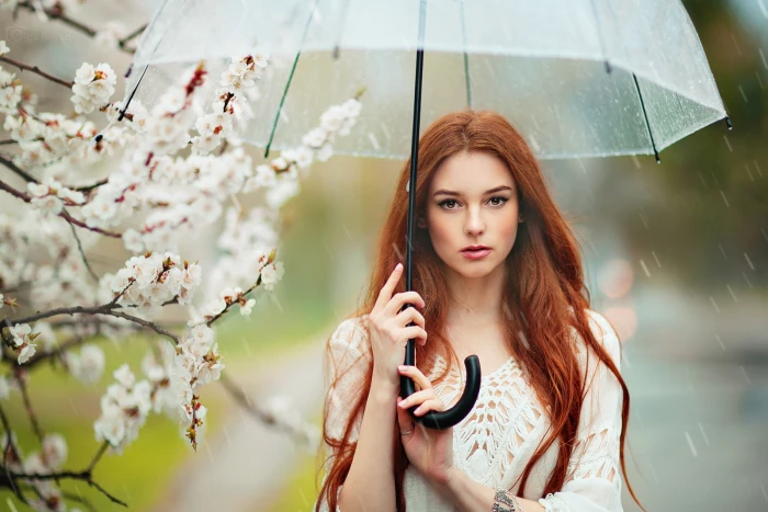 women redhead long hair brown eyes outdoors rain 2k
