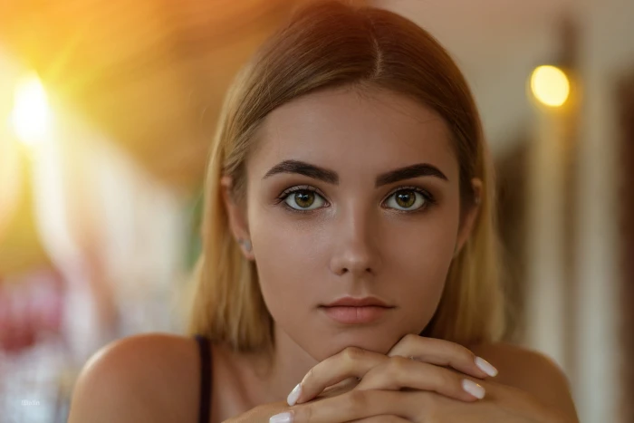 women s black spaghetti strap top blonde face long hair green eyes 2k