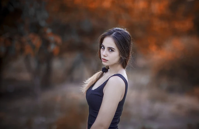 women s black tank top portrait outdoors brunette ponytail 2k