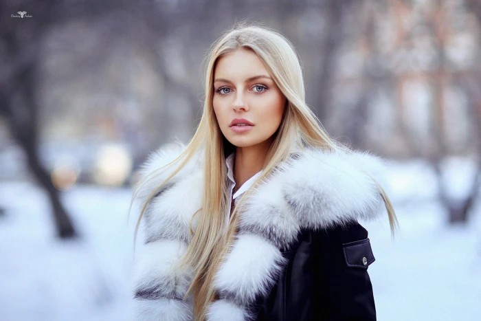 women s white and black fur line coat blonde face portrait 2k