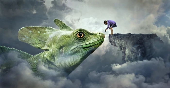 child standing on rock facing chameleon wallpaper fantasy 2k