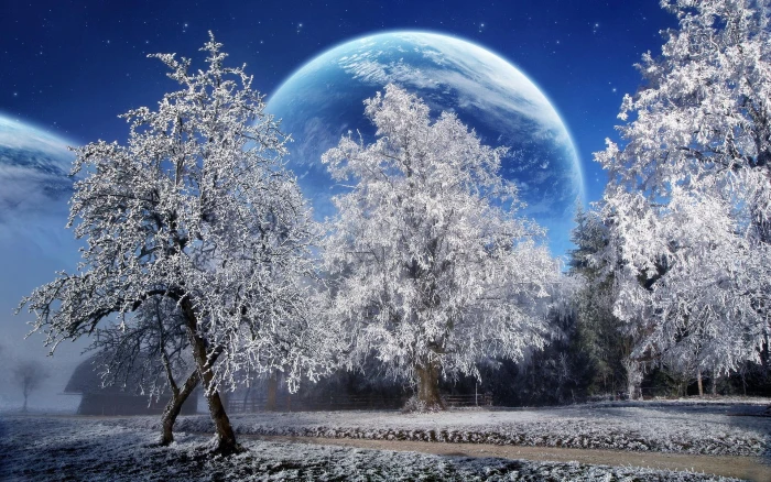 A Beautiful Winter With Big Moon nature tree cold trees 2k