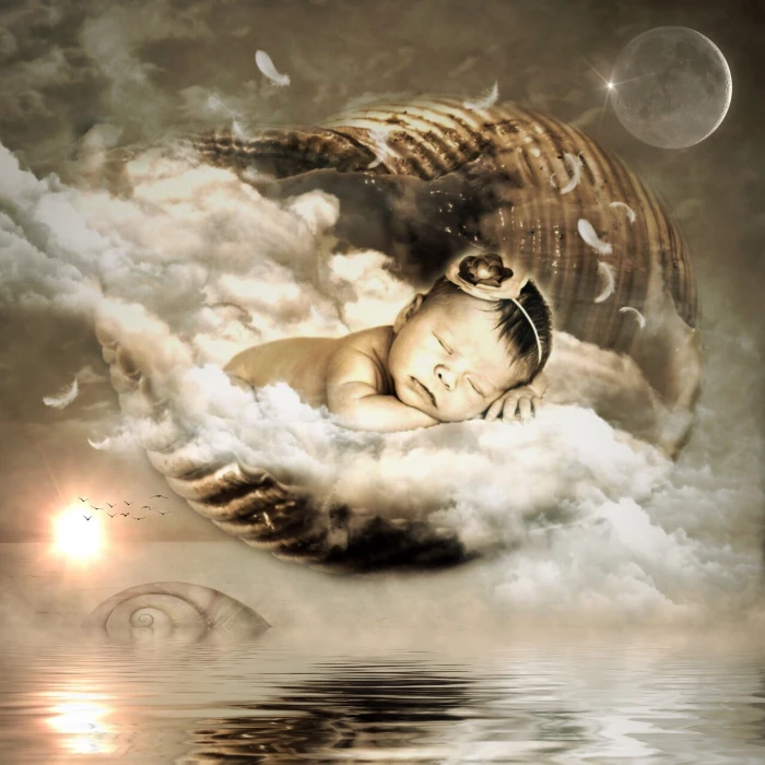 baby sleeping on cloud photo shell clouds feather sky sun 2k