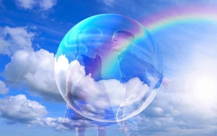 boy about to kiss girl with rainbow background clouds sky blue 2k