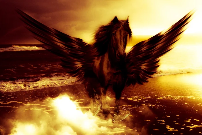 brown and black horse with wings standing on body of water painting 2k