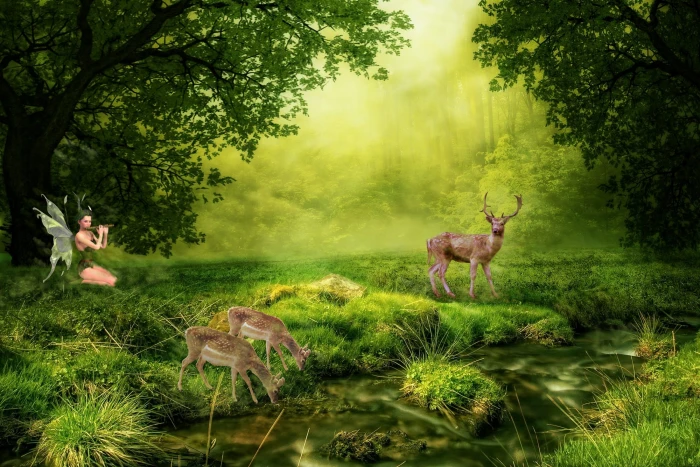 fairy playing float near lake with deer digital wallpaper nature 2k