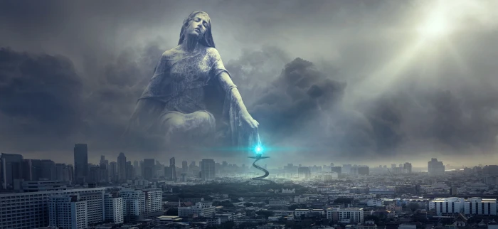 fantasy city statue light clouds blessing sun gloomy 2k 4k 5k