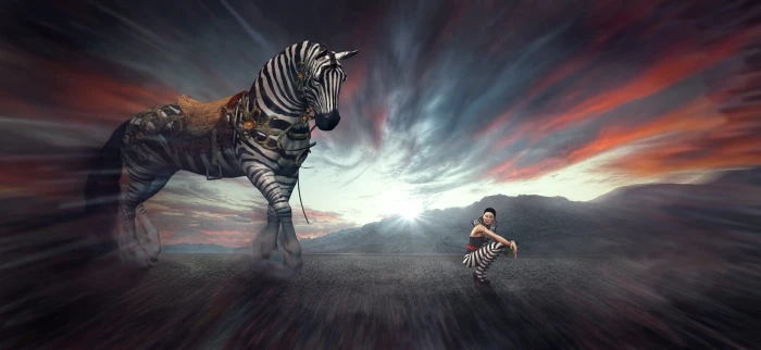 fantasy horse woman landscape stripes black white clouds 2k 4k 5k