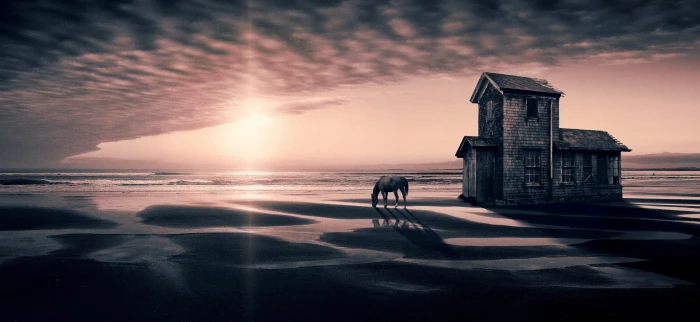 fantasy landscape house beach sky sun contrast light 2k 4k 5k