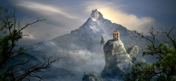 fantasy landscape mountain rock house nature atmospheric 2k 4k 5k