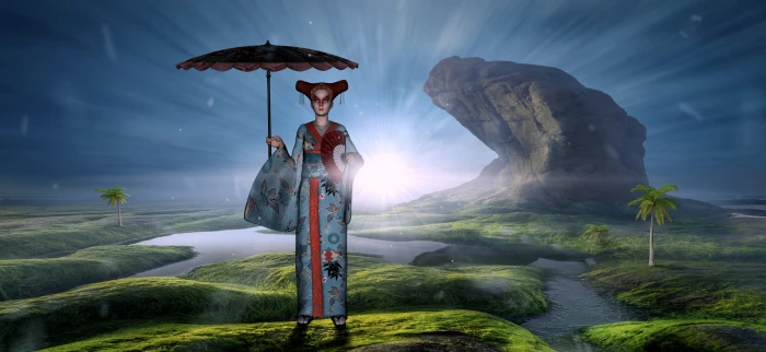 fantasy memoirs of a geisha woman composing fairytale landscape 2k 4k 5k