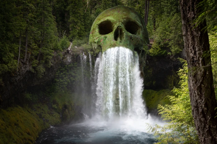 fantasy skull waterfall creepy mystical gloomy dark mysterious 2k 4k 5k