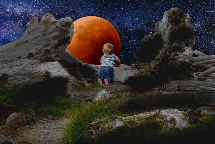 full moon blood red lunar eclipse child boy 2k 4k 5k