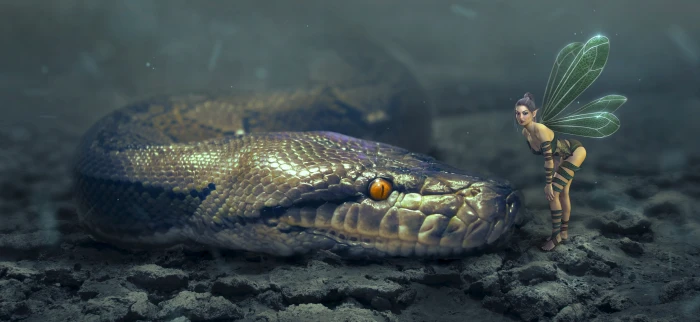 gray snake looking at fairy digital wallpaper fantasy elf haze 2k 4k 5k