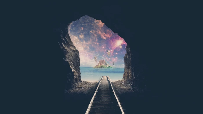 Island Dream Tunnel Surreal Mystic Railway track direction 2k