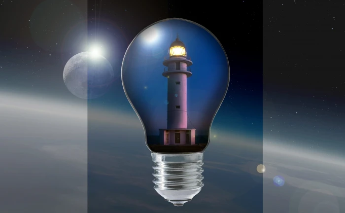 lighthouse inside bulb illustration moon space clouds pear 2k